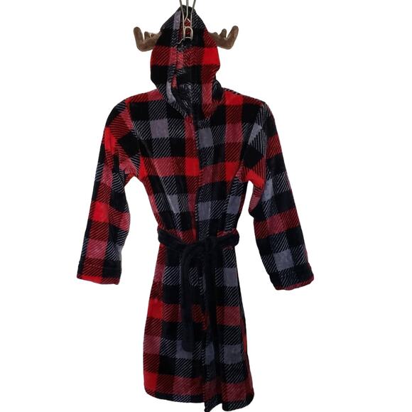 Cuddl Duds Hooded Robe Moose Antlers Youth Size Large Plaid Belted Animal Bath - Picture 1 of 9
